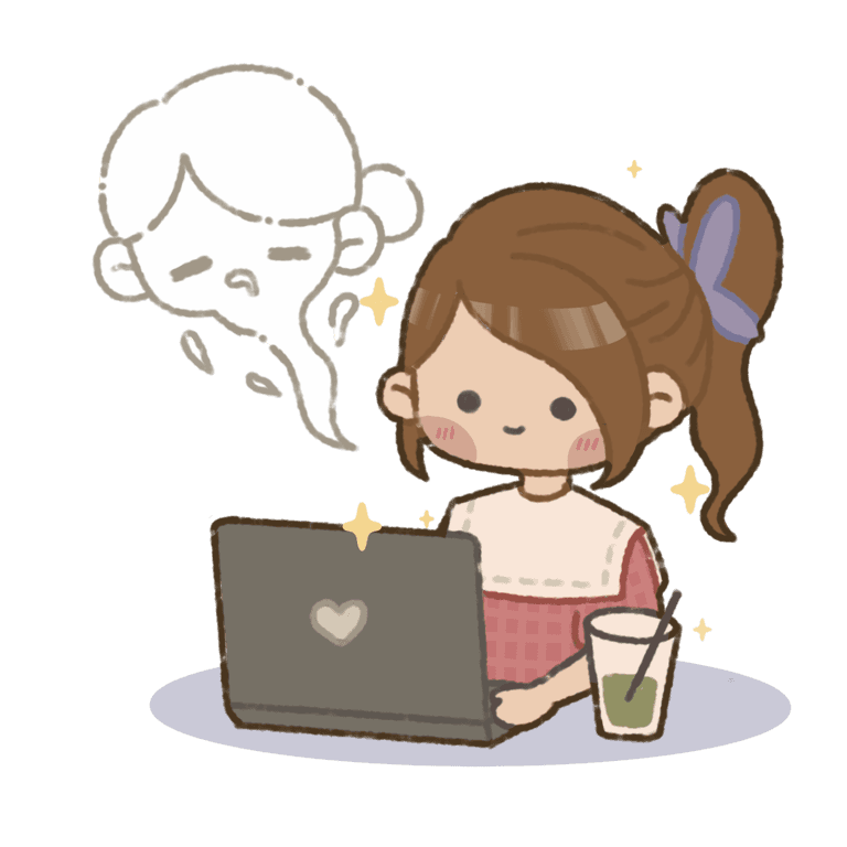 Tinara at her laptop with a matcha, a little ghost idea floating by