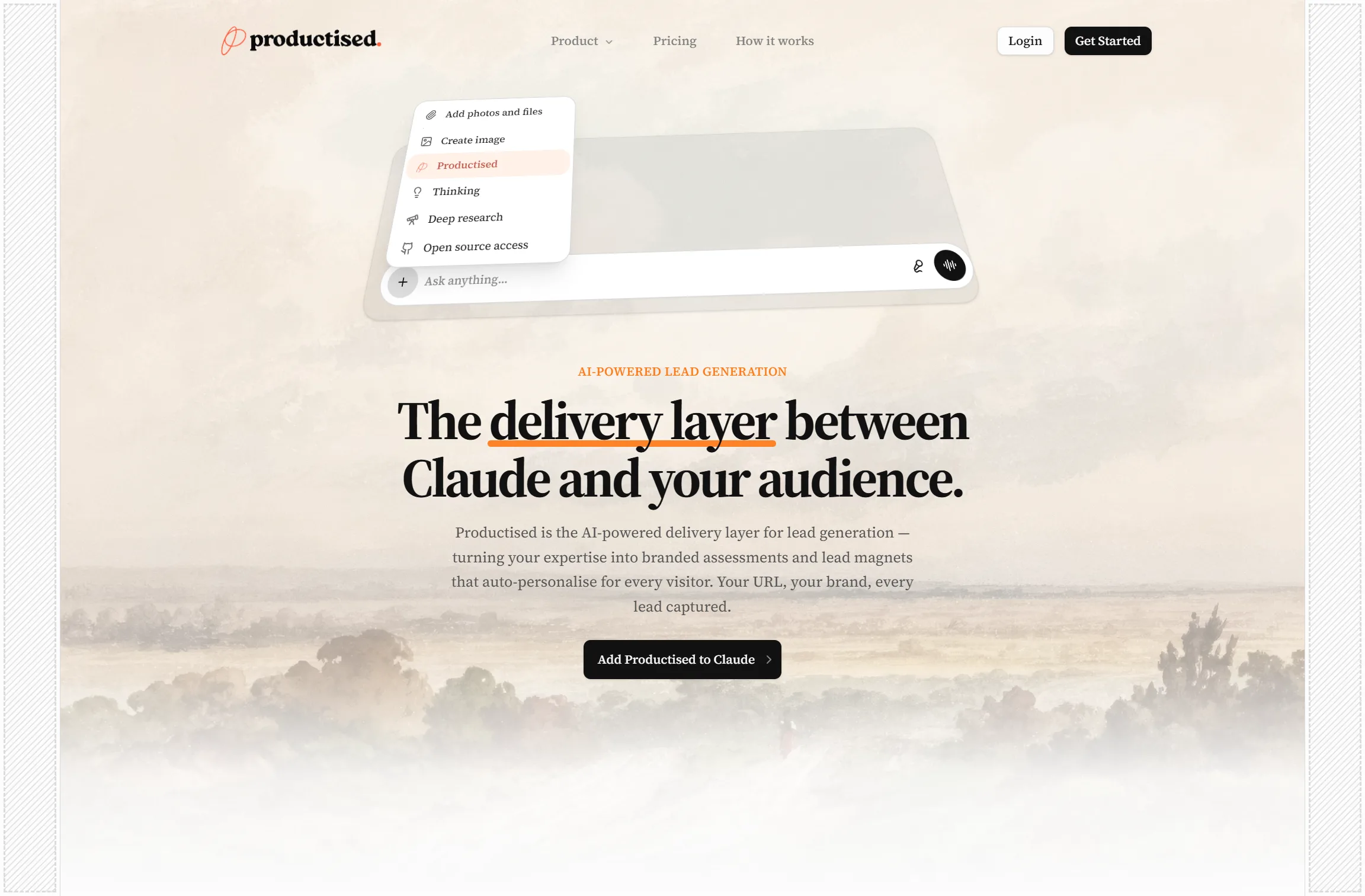 productised.ai landing page — “The delivery layer between Claude and your audience.”