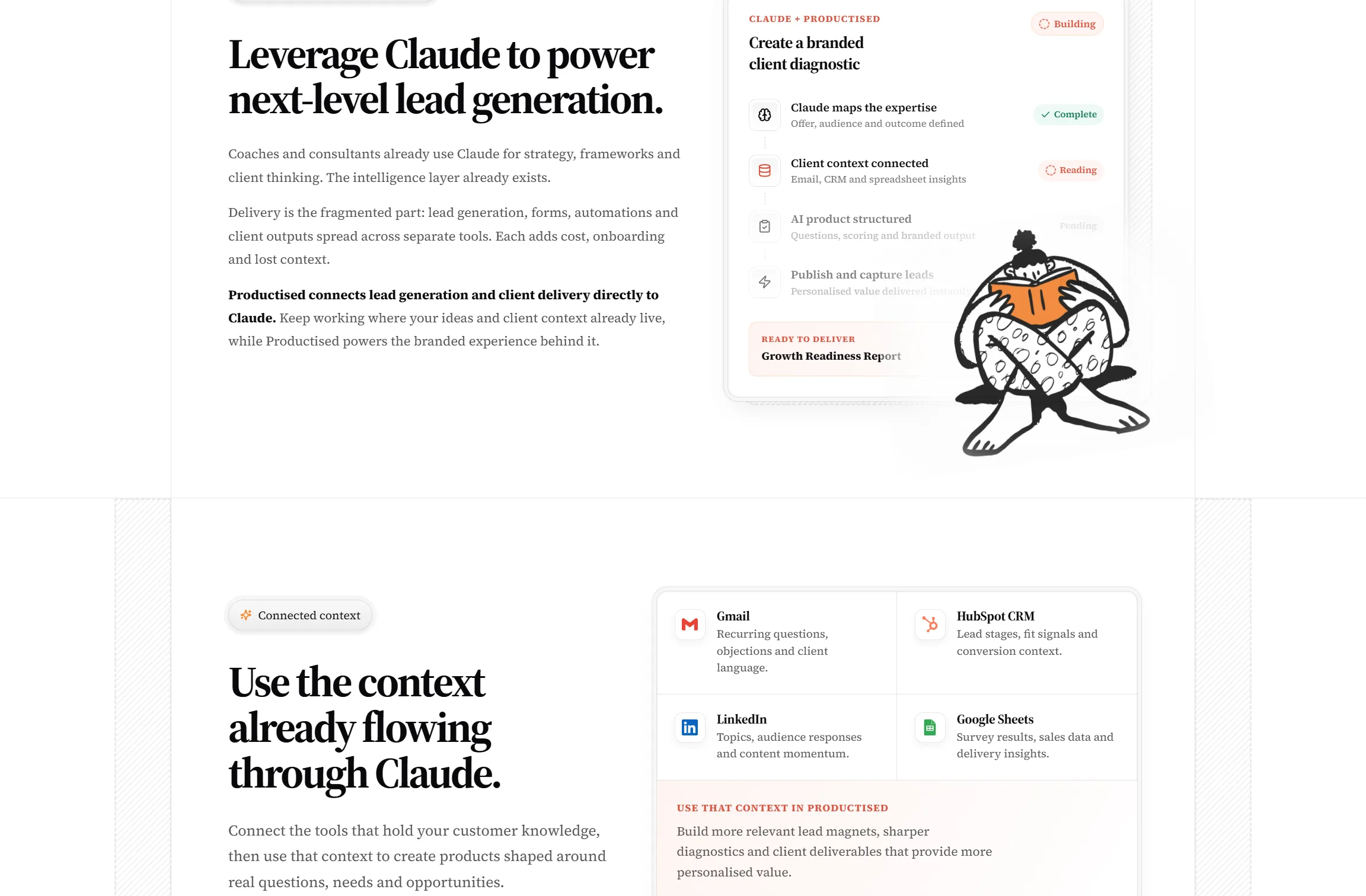 A branded client diagnostic assembling live — Claude maps the expertise, Productised publishes it.